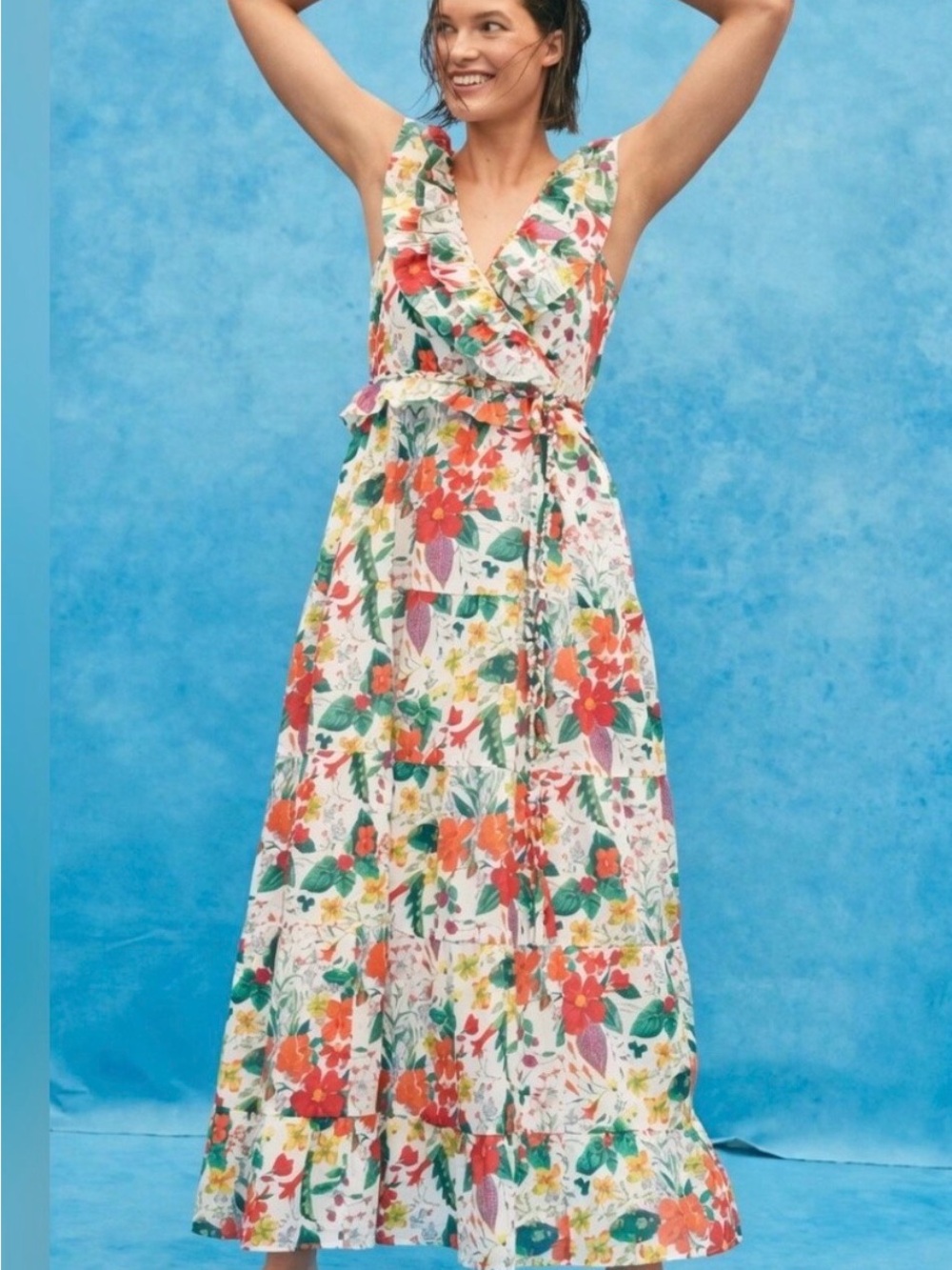 J. Crew White Floral Ruffle Wrap Maxi Dress